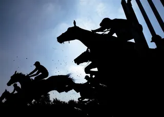 蓝天下奔跑的马儿剪影高清图片