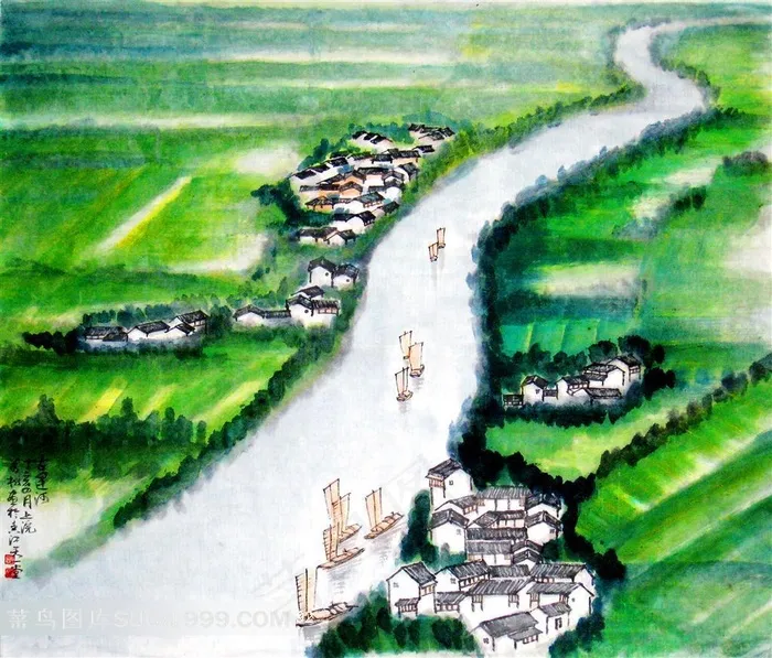 中国风-水乡人家绘画图片