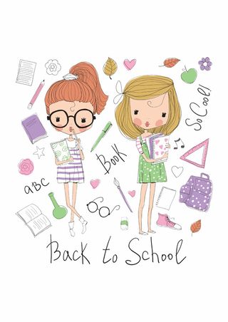 开学季笔记本铅笔眼睛文具少女