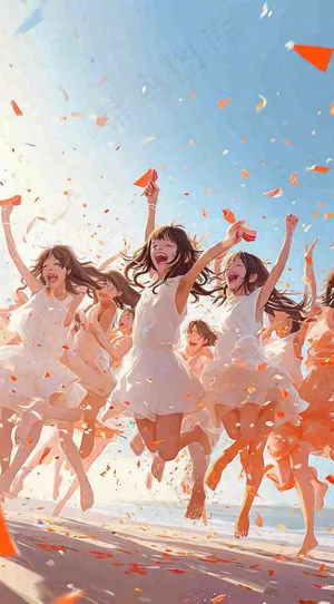 夏日阳光沙滩狂欢玩耍，音乐舞蹈缤纷烟花手绘插画