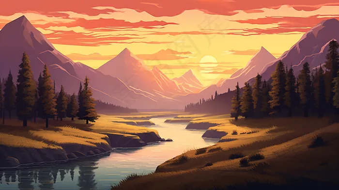 夕阳山川河流针叶林卡通插画