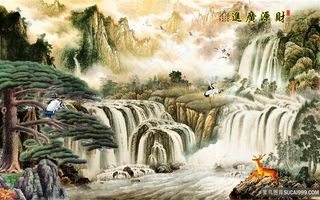 财源广进风景字画高清分辨率喷绘打印办公室挂画素材山水花草