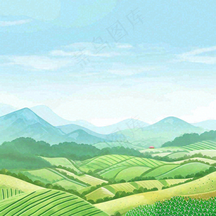 春天清新山脉田间草地绿植手绘插画(1024x1024)