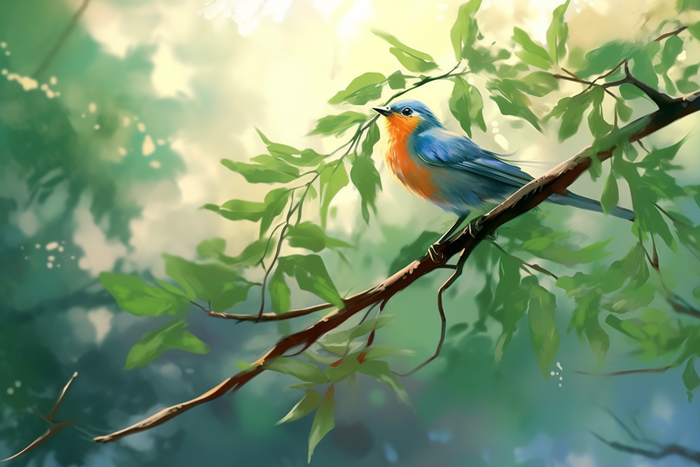 夏日小鸟站树枝上阳光绿叶卡通插画素材