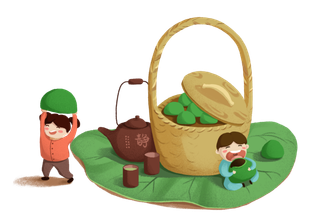 清明喝茶吃青团矢量插画