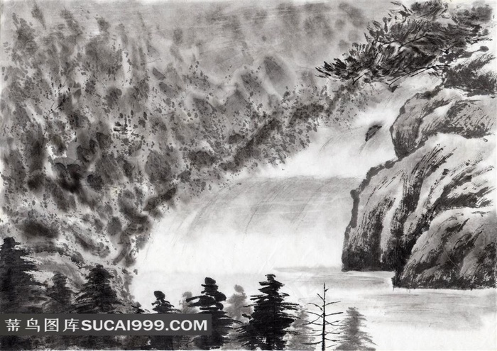 山上的溪流水墨画