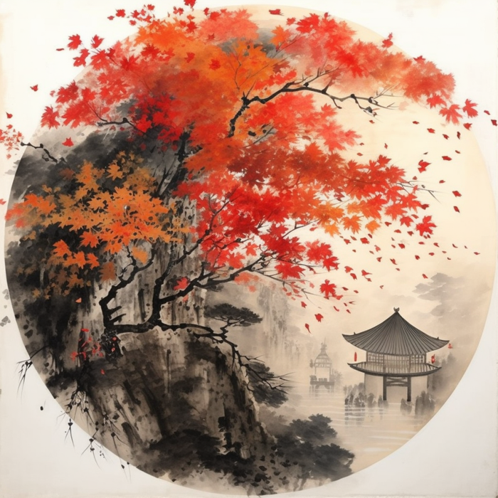 红枫映山亭美如画