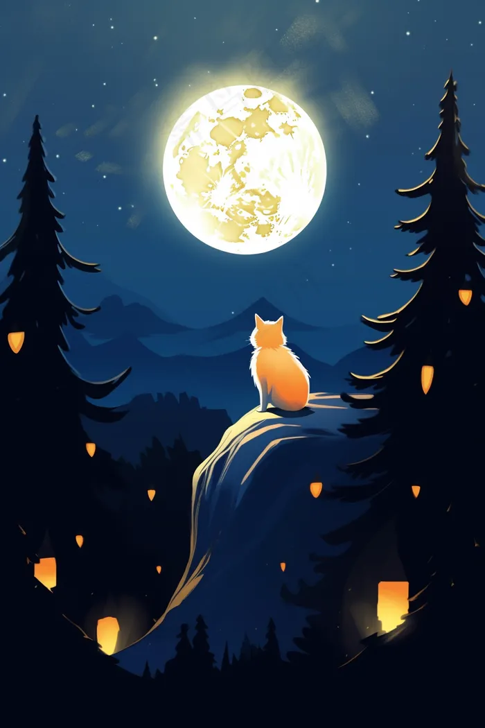 夜晚满月下山顶的猫咪卡通插画素材(2688x4032)