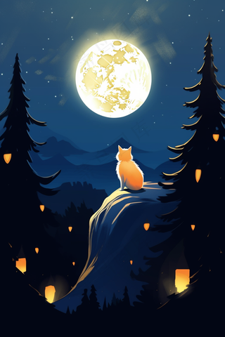 夜晚满月下山顶的猫咪卡通插画素材