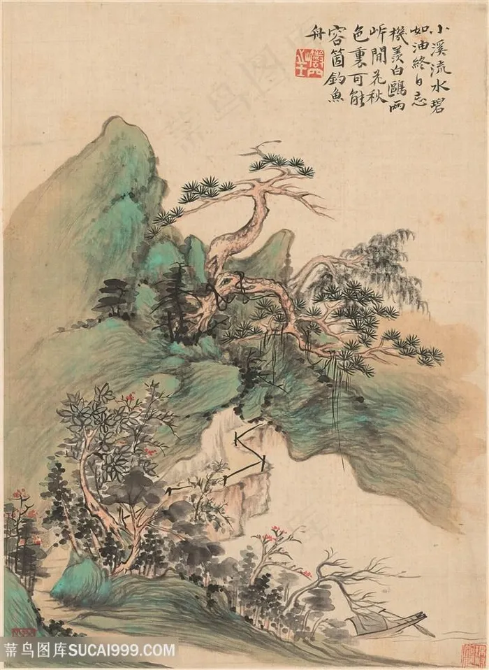 清代华喦山水作品溪流水碧国画图片