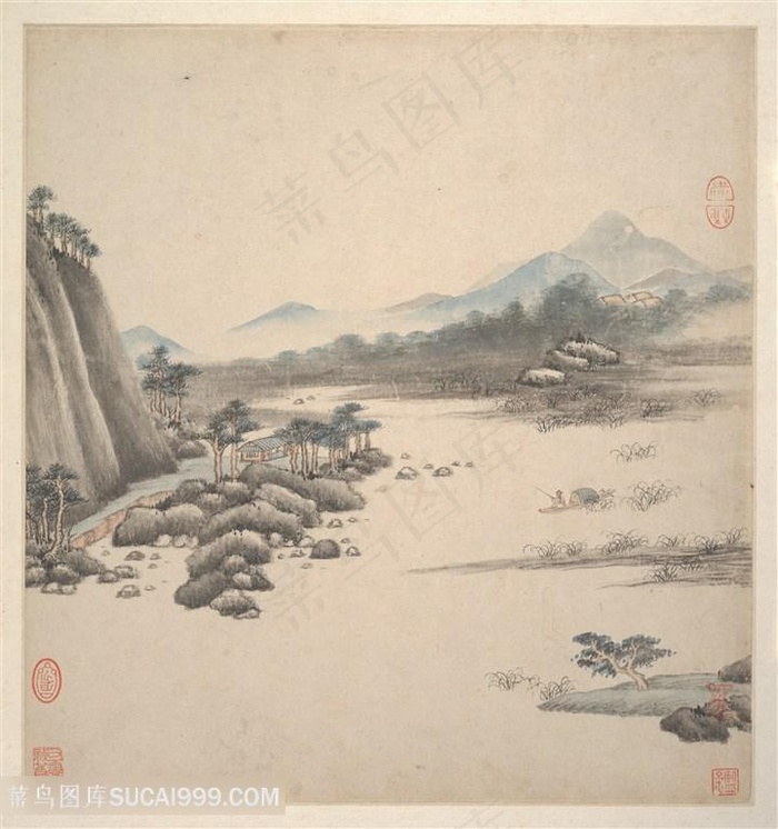 明代画家王鉴仿古册页江船垂钓国画图片