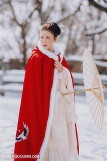 飞鹤红披肩古装美女图片