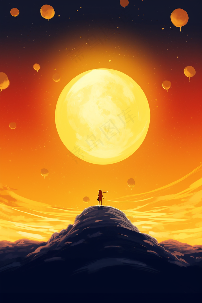 中秋月亮山顶的人卡通插画素材