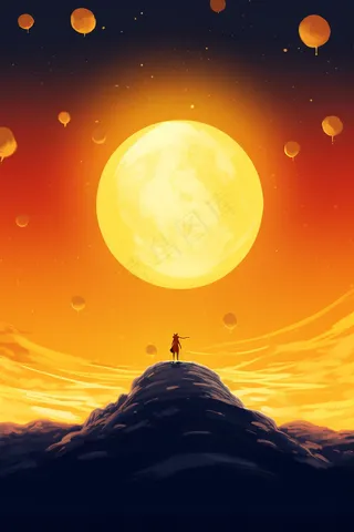 中秋月亮山顶的人卡通插画素材