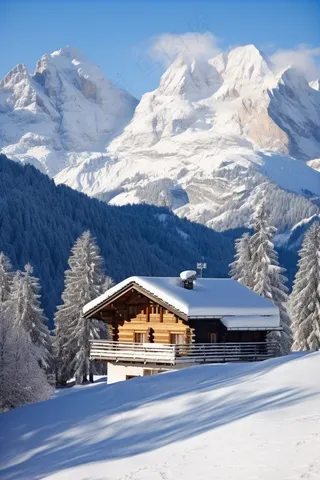 雪山风光小木屋雪景摄影图
