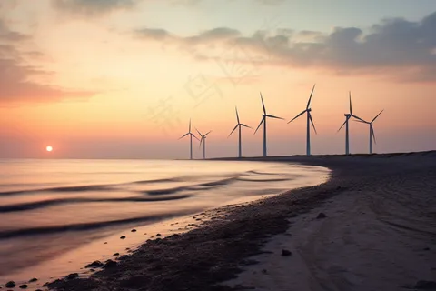 海边日落风车风景摄影图 