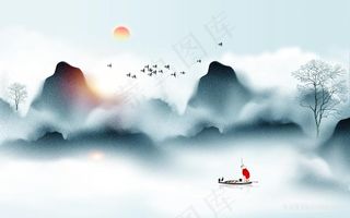 水墨山脉木船风景画