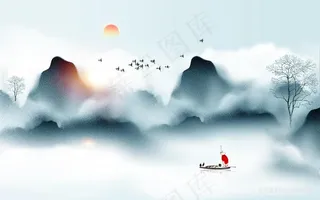 水墨山脉木船风景画