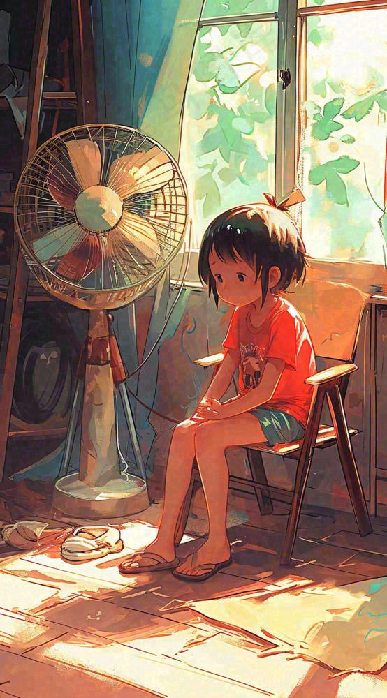 夏天夏季居家儿童吹清凉风扇，夏至小暑大暑手绘插画(816x1472)