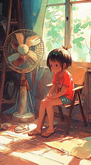 夏天夏季居家儿童吹清凉风扇，夏至小暑大暑手绘插画