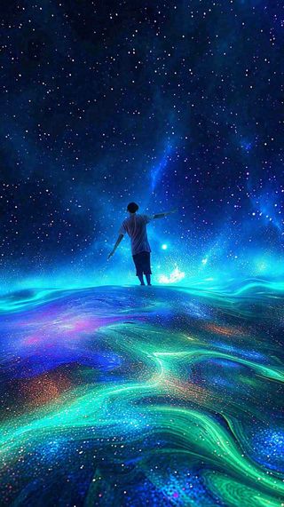 夜晚天空科幻绚丽星空下的人，暗黑天蓝