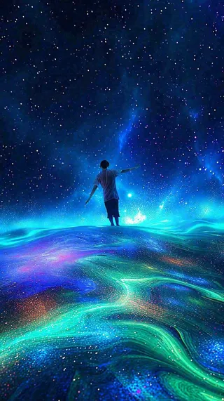 夜晚天空科幻绚丽星空下的人，暗黑天蓝