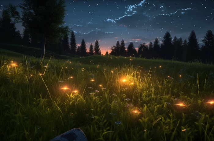草地上有萤火虫的夜空身临其境的环境摄影图