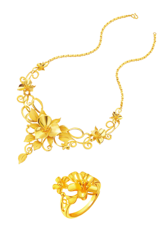 婚嫁精美花卉项链戒指套装黄金首饰免扣素材