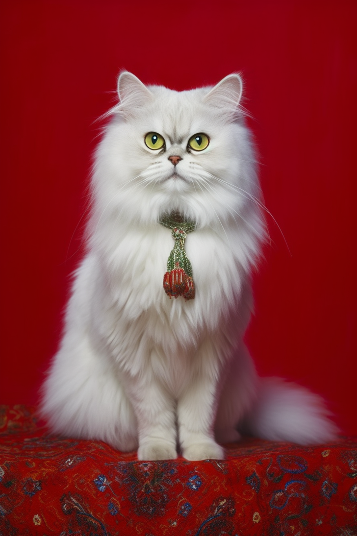 白色长毛猫咪在红色背景摄影图(2688x4032)