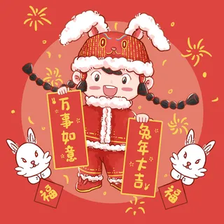 手绘2023兔年新年卡通兔子形象IP插画元素PSD设计素材png图案