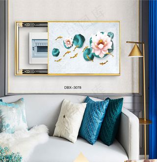 大气时尚家居室内装饰场景客厅沙发卧室床铺电表箱壁画背景图荷花莲花