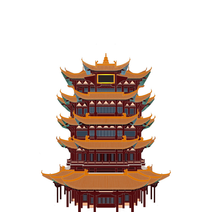 复古中国风国潮古建筑插画手绘高楼古塔PSD素材亭子png免抠图