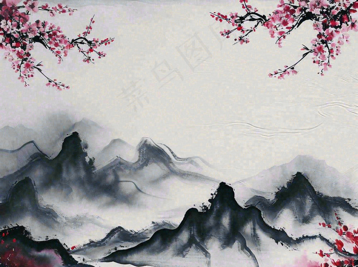 中国风水墨山水画，山脉枝叶花朵手绘插画(1264x944)