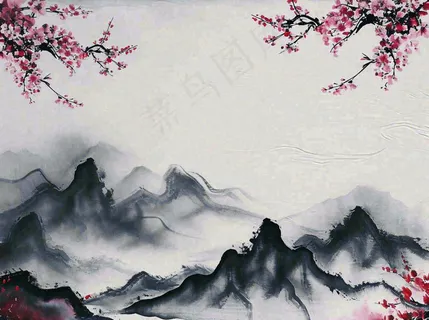 中国风水墨山水画,山脉枝叶花朵手绘插画 中国风水墨山水画,山脉枝叶花朵手绘插画