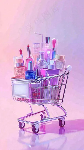 粉紫绚丽购物车采购电商美妆时尚，3D推车