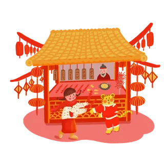 虎年春节新年场景元素逛庙会 虎年春节新年场景元素逛庙会