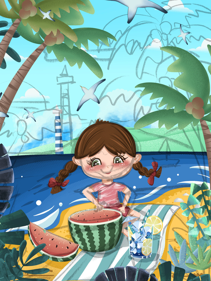 夏日海边姑娘卡通绘画PSD素材