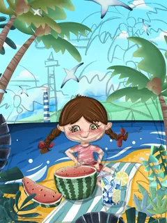 夏日海边姑娘卡通绘画PSD素材 夏日海边姑娘卡通绘画PSD素材