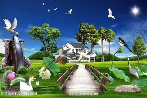唯美建筑草地风景画韩式自然背景 唯美建筑草地风景画韩式自然背景