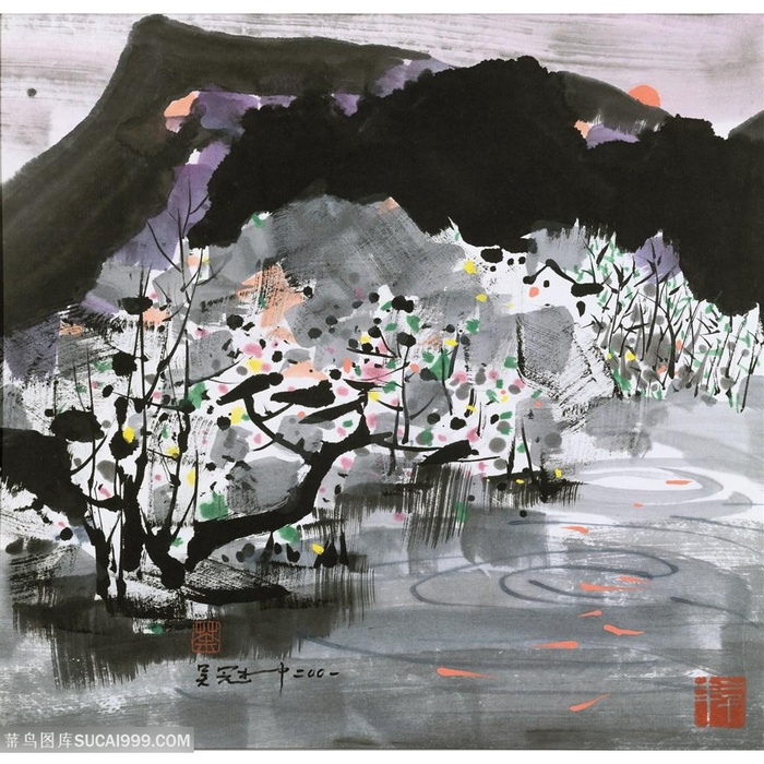 吴冠中手绘唯美水墨山脉风景画装饰画