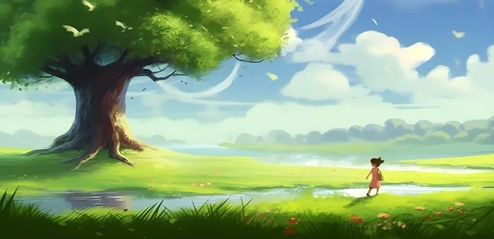 阳光下大树下的孩子草原背景(3600x1743)