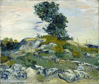 梵高山坡石头树木风景油画图片