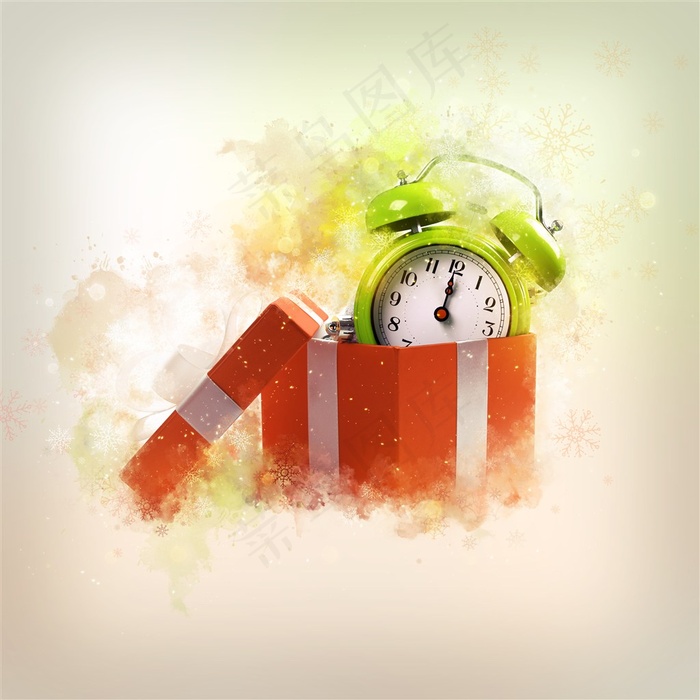 橘黄色礼盒里的闹钟高清图片