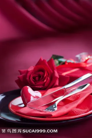 西餐具特写和玫瑰花图片素材