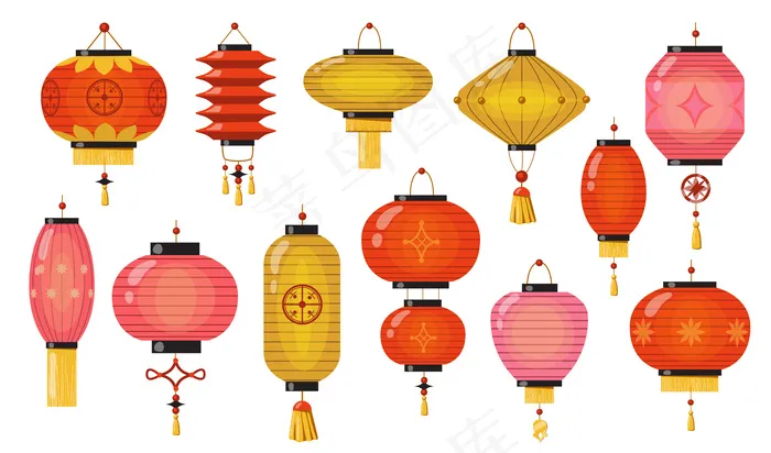 中元节灯笼红色粉色黄色矢量插画元宵节素材海报