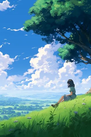 夏日少女坐着草坪大树下宫崎骏风格插画素材
