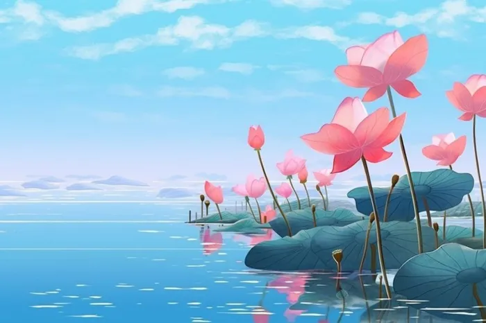 蓝色光影清新荷花背景(1344x896)