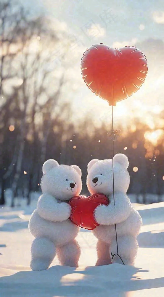 冬天爱心气球小熊浪漫情人节情人温馨，冬至小雪大雪摄影图(816x1472)