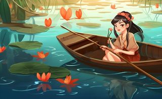 在湖中划船的女孩睡莲绿叶插画海报背景