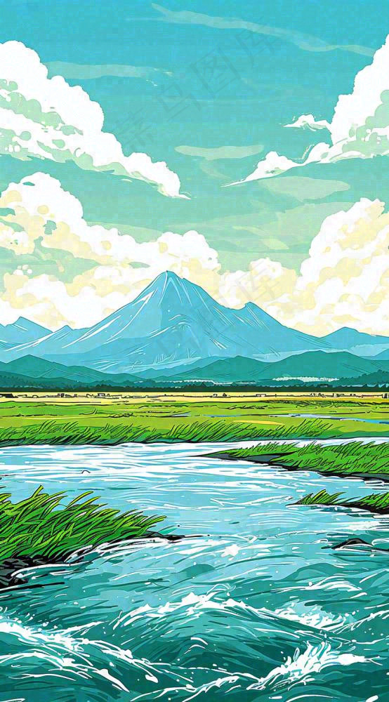 春天阳光灿烂远处的高山和田野春意盎然手绘卡通画(816x1472)